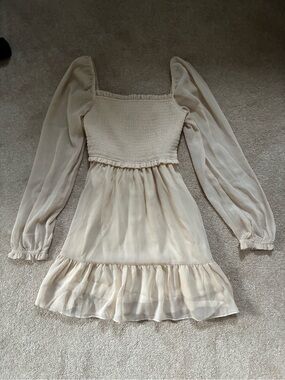 Stitches Cream Long Sleeve Smocked Bodice Mini Dress
